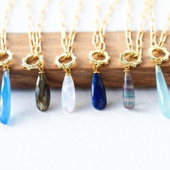 Beautiful Necklace Gemstone Pendant Gold Paperclip Chain Moonstone Labradorite - Picture 12 of 12